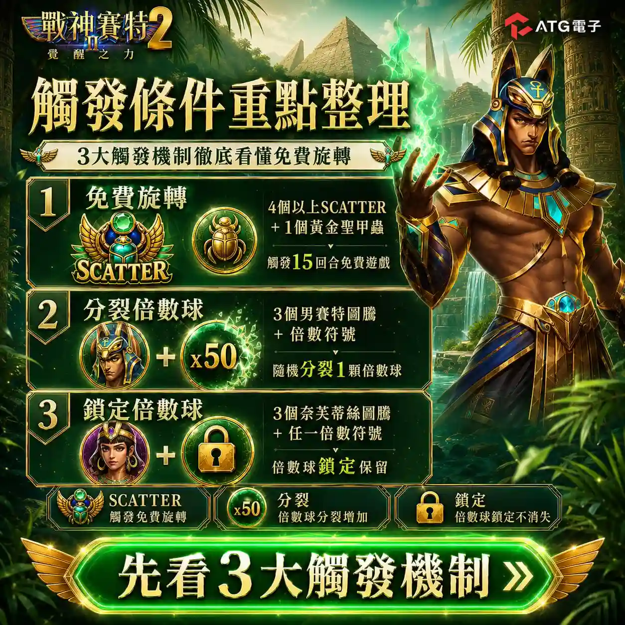 戰神3A娛樂城觸發條件重點整理圖，解析SCATTER免費旋轉、分裂倍數球與鎖定倍數球三大觸發機制