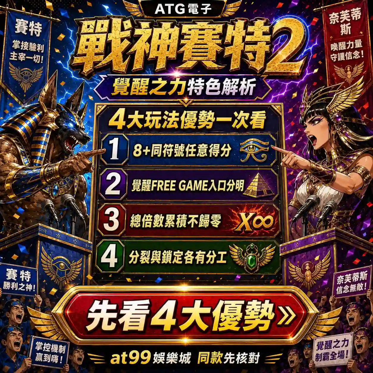 戰神3A娛樂城覺醒之力特色圖，整理8符號得分、FREE GAME、倍數累積與分裂鎖定四大優勢