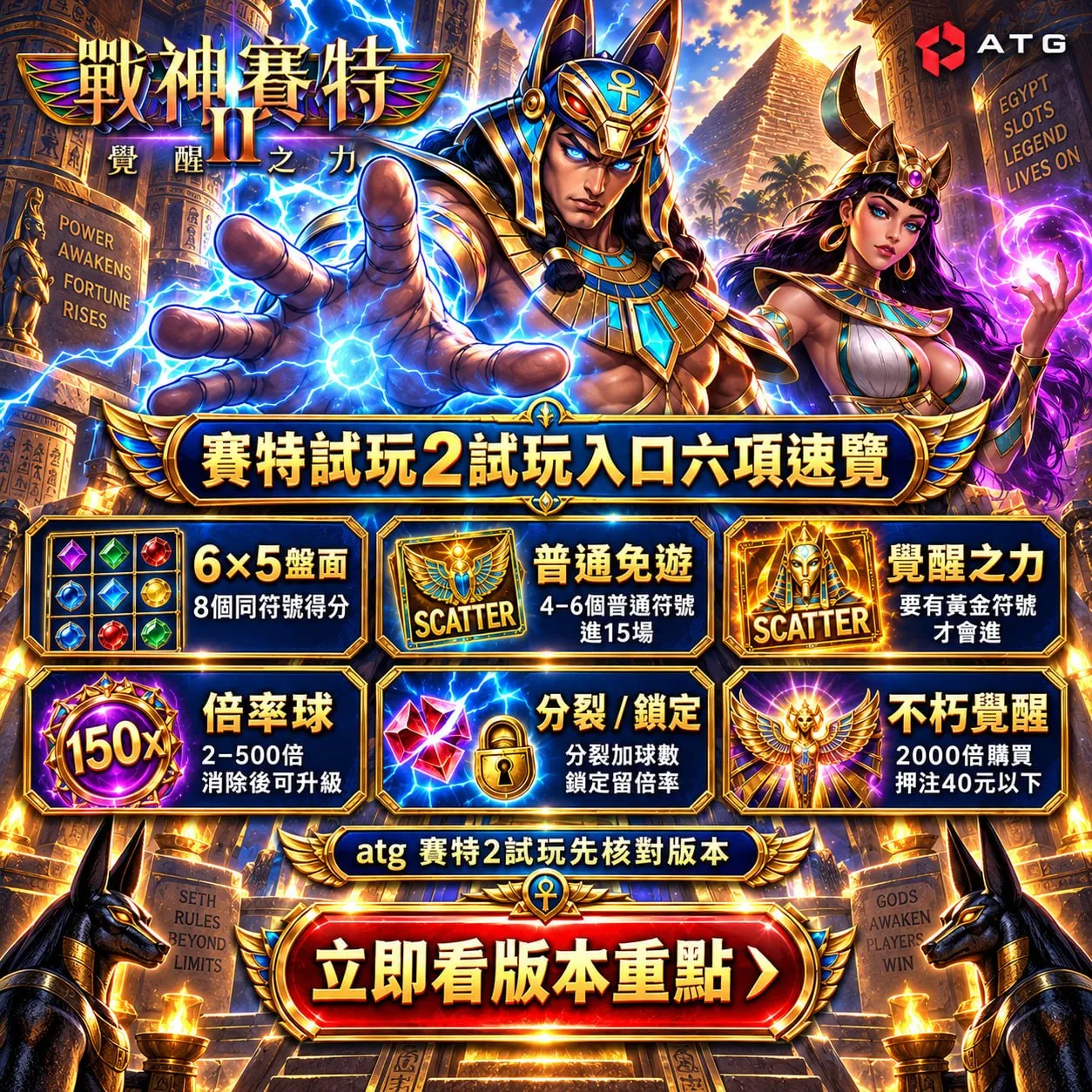 賽特試玩2試玩入口六項規則圖，整理6×5盤面、普通免遊、覺醒之力、倍率球、分裂鎖定與不朽覺醒玩法